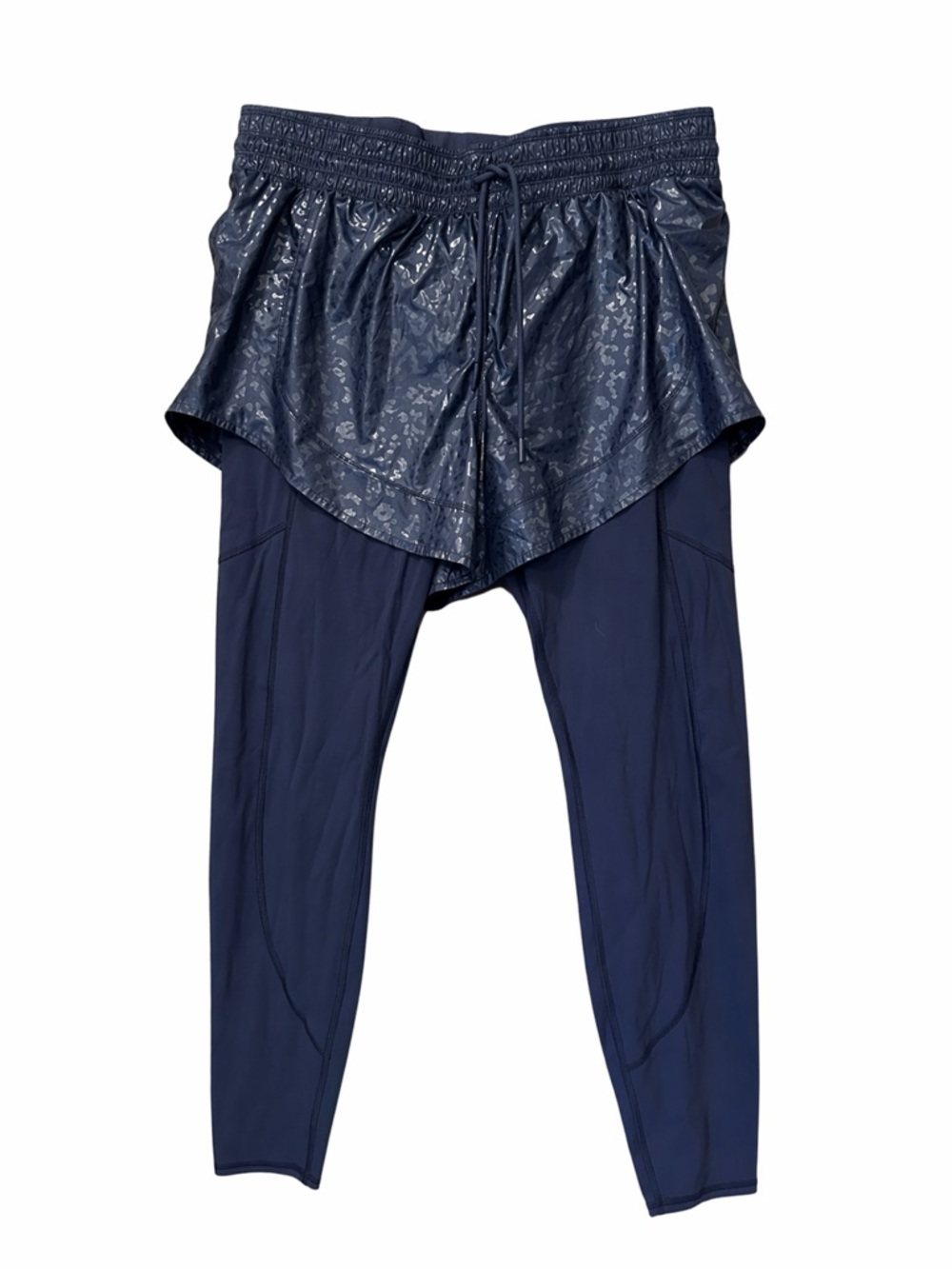 Athleta Rainier 2-in-1 Layered Legging Tights Shorts Navy Leopard Print XLT